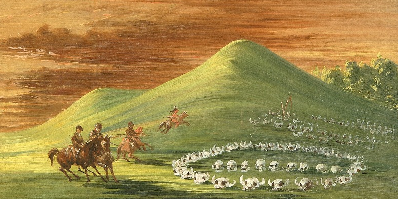 Painting of people riding horses next to grassy hills and circular arrangements of skulls