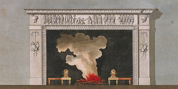 Painting of a indoor fireplace with smoke rising from it